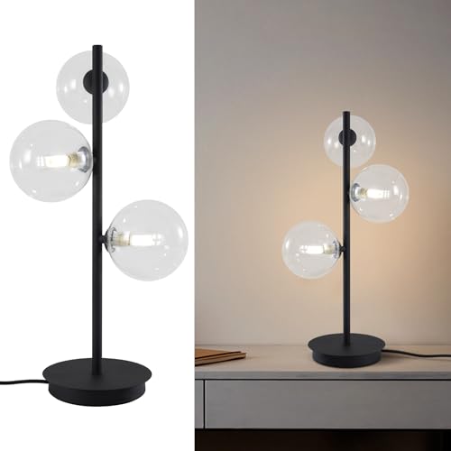 Image of 3-Light Black Table Lamp, Mid Century Nightstand Lamp with Clear Glass Globe Shade, Contemporary Bedside Lamp for Bedroom Living Room Study Room