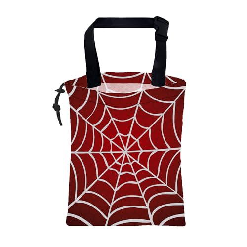 Image of Car Garbage Bag Red and White Spider Web Drawstring Car Trash Bag Hanging for Back Seat with Adjustable Buckle Canvas Vehicle Trash Can Easy-to-Install