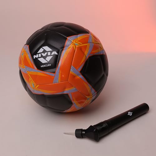 Image of Nivia Mercury Football with Ball Pump, PU Leather, Power Stitched Football, 12 Panel, Match Ball (Size - 5, Black /Orange)