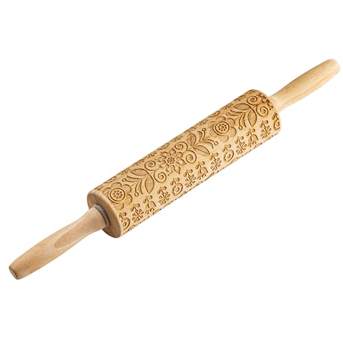 TableCraft Embossed Beech Wood Rolling Pin – 15.25 Inches, Spring Floral Imprint for Baking, Durable Wood Rolling Pin for Cookies, Pastries & Fondant, Elegant Carved Design, Handwash Recommended