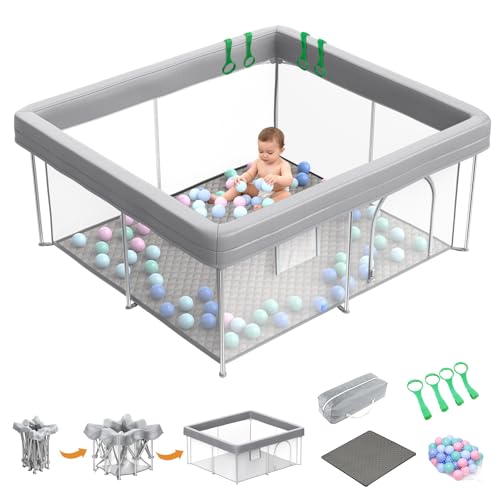 Foldable Baby Playpen with Mat, 50 x 50 inches, Indoor Outdoor Play Area with Mesh, 50 Ocean Balls, 4 Handlers, Grey