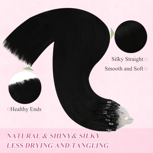Image of YoungSee Micro Bead Hair Extensions Real Human Hair Black Microlink Hair Extensions Human Hair Jet Black Microbead Hair Extension 16 Inch 50s /57g Micro Ring Hair Extension for Wedding