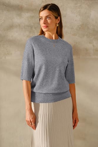 Image of Arach&Cloz Women's Short Sleeve Crew Neck Sweaters Trendy Teacher Work Tops