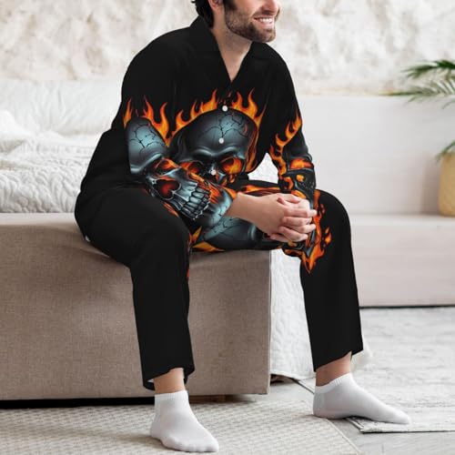 Mens Pajamas Set - Flame Metal Skull Long Sleeve Sleepwear Nightwear Pjs Lounge Pajama Sets For Men4