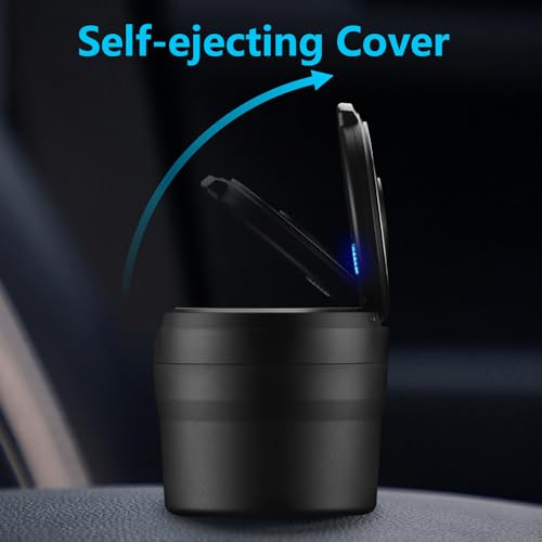 Image of Car Ashtray with Lid Smell Proof, Covered Ashtray for Cap, LED Light Indicator, Portable, Detachable, Black+Gray
