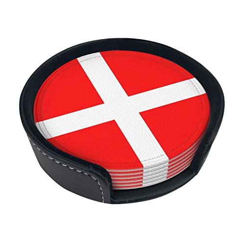 Dessous de Verre Drapeau Danois Danemark pour Boissons, sous-Verre pour Table Basse, avec boîte de Rangement sous-Verres Ronds en Cuir Lot de 6