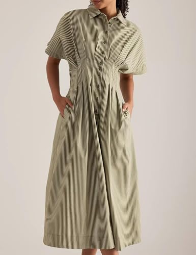 Image of Women's Striped Button Front Pleated Maxi Shirts Dress Short Sleeve Collar V Neck Summer Casual Corset Long Dress