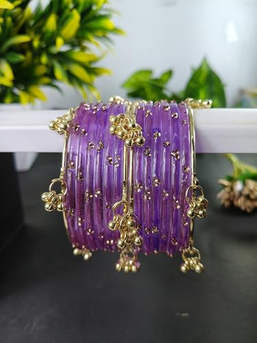 Image of NMII Viral Multi Colour Glass Bangles with Golden Ghungroo Charms & Stone Work For Women & Girls | Fancy Designer Glass Bangle | Traditional Chudi | Kanch Ki Churi | Stylish Ghungroo Bangle For Women