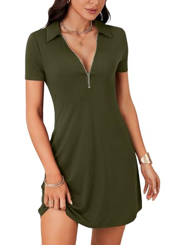 Image of LYANER Women's Sexy Zipper Front V Neck Mini Dress Casual Low Cut Short Sleeve Ruffle A Line Short Dresses