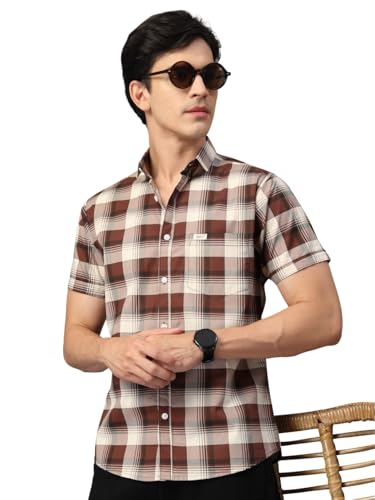 Image of Majestic Man Men's Slim Fit Premium Pure Cotton Plaid Check Half Sleeve Casual Shirt