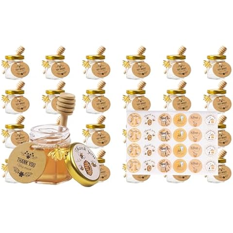 1.5oz 24 Pack Mini Glass Hexagon Canning Jars with Gold Lid, Bee Charms Honeybee Pendant, Honey Dipper Sticks, Jute Tag String, Square kraft paper, Baby Shower, Wedding Favors (Golden Sticker) Cover