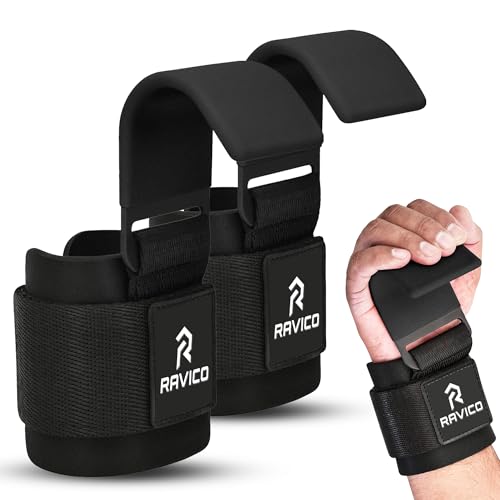 RAVICO Weight Lifting Hooks Grips for Men & Women - Premium Lifting Hook Straps with Neoprene Padded Wrist Support - Heavy Duty Hand Grips for Powelifting Deadlifts Shrugs & Pull-Ups for Gym Workout