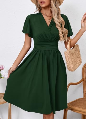 Image of Women's Casual Summer Dress V Neck Short Sleeve Flowy Stretchy Comfort Fit for Daily Wear Work Midi Dresses