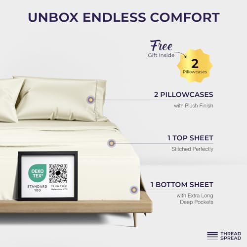 Image of THREAD SPREAD Luxury King Size Sheets Set - 2000 Series 100% Egyptian Cotton Cooling Sheets King Size (4 PC, Ivory), Silky Soft, Cooling, Sateen Weave, 17 inch Extra Deep Pocket Hotel Bedding Set