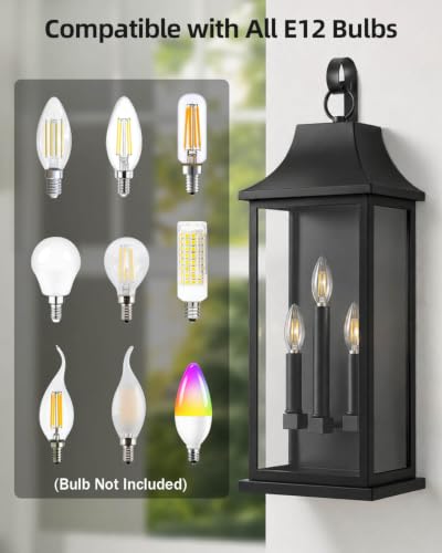 Image of RAYVO 25 inch Extra Large Outdoor Wall Light, Black Porch Lantern | Waterproof Anti-Rust Metal Sconce, Clear Glass Panels, 3 E12 Bases, Modern Exterior Light Fixture for Porch Patio Garage