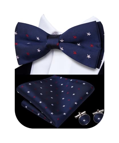 Image of Hi-Tie Blue Bow Ties for Men Flag Pre-Tied Pocket Square Lapel Pin Cufflinks Mens Bowtie Sets for Wedding Formal Party