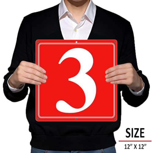Image of Premium Aluminum Number Signs 3, Metal 12 inch X 12 inch Red Numbered Signs Outdoor for Parking Lots, Floor, Dock, Court, Aisle, Field, High Visibility, No Fade, Weather-resistant