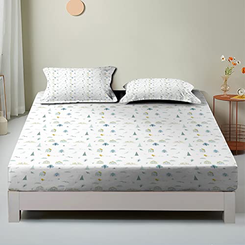 Scandinavian Theme Full Fitted Bed Sheets,Apartment Bicycle Tree Pattern,Decorative Printed 3 Piece Bedding Decor Set,Super Soft Breathable Comfortable Fitted Bed Sheets(Yellow Green) #TOP2