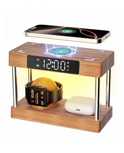 Bamboo Wireless Charging Station with Clock, Gifts for Her Him Bedside Light Alarm Clock with Wireless Charging, Bamboo Charging Station for Multiple Devices iPhones 16-8|AirPod|iWatches