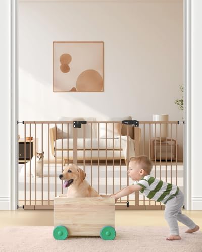 Image of keny 29 inch-55 inch Extra Wide Baby Gate, Pressure Mounted No Drilling Dog Gate | for Stairs Doorways, Easy Walk Through Safety Gate for Babies or Pets, 30 inch Tall, Brown
