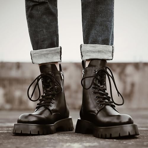 Men's Black Leather Platform Lace-up Combat Boots Retro Round Toe Side Zip Chunky Heel Non-Slip Lug Sole High Top Motorcycle Boots2
