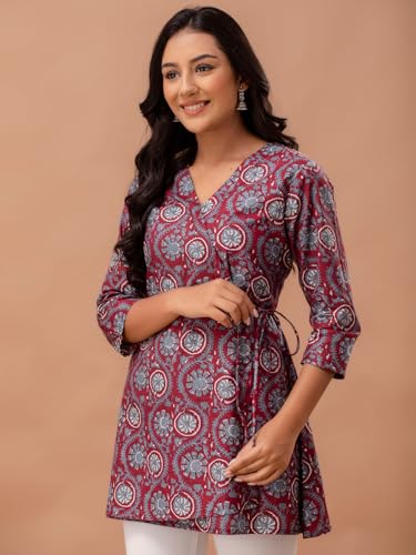Image of feranoid Floral Print Angrakha 3 Sleeves Flared Kurti