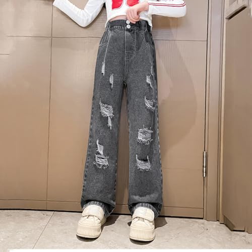 Baggy Ripped Jeans for Girls Elastic High Waist Distressed Pull On Wide Leg Jeans Kids Clothes with Pockets 5-14Y4