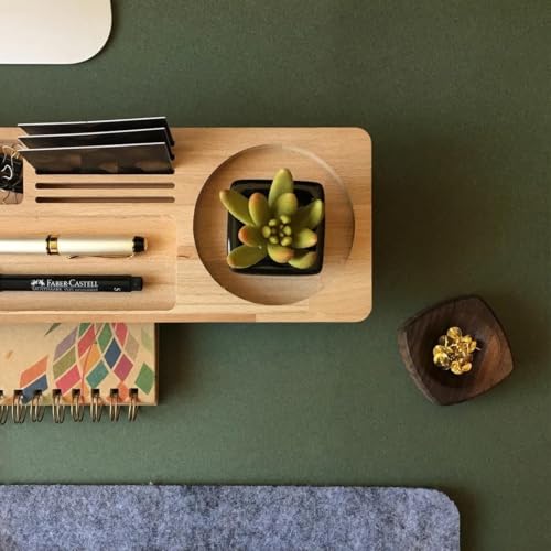 Image of Wooden Desk Organizer with Phone Stand, Multi-Compartment Stationery Holder, Natural Wood Finish (STYLE-3)