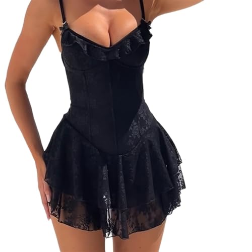 BNGD WWomen's Solid Color Sexy Halter Dress Slim Ruffle Lace A Swing Dresses