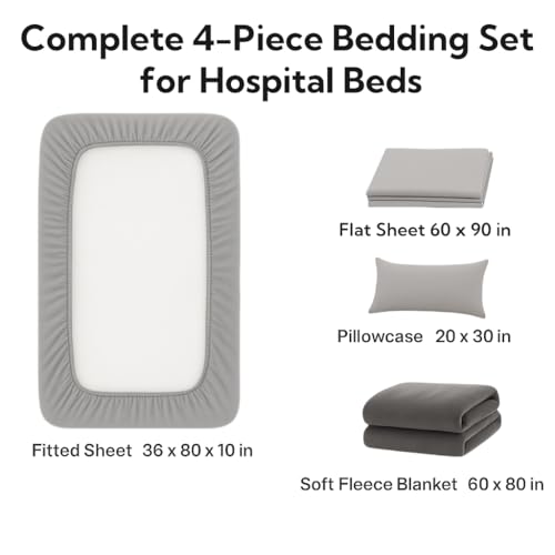 Image of Care Bed Sheets Set 4 Pcs - 36 inchx80 inch Fitted Sheet, Flat Sheet, Pillowcase & Blanket - Twin XL Hospital Style Sheets for Home or Adjustable Beds(Gray)