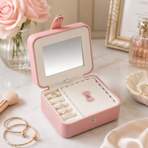 Image of Portable Jewelry Box Organizer for Women - Travel Jewelry Storage Case with Mirror, Rings Compartment, Earrings Slots, Chain Slots & Removable Divider | PU Leather Mini Jewellery Box | Pink