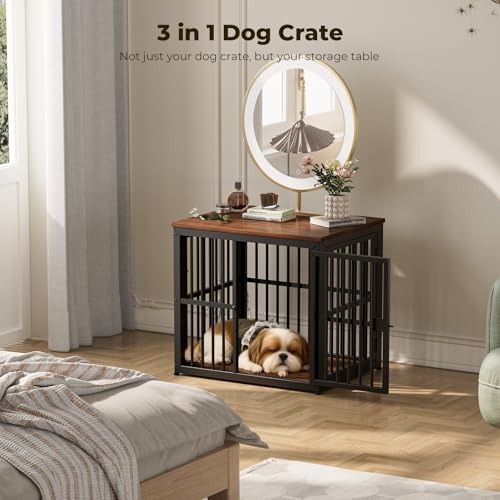 Lyromix 27'' Dog Crate Furniture with 3 Doors,Wooden Crate End Table Heavy Duty Indoor Puppy Cage for Small Dogs, Multiple Units Can be Combined, Walnut by Lyromix - Image 4