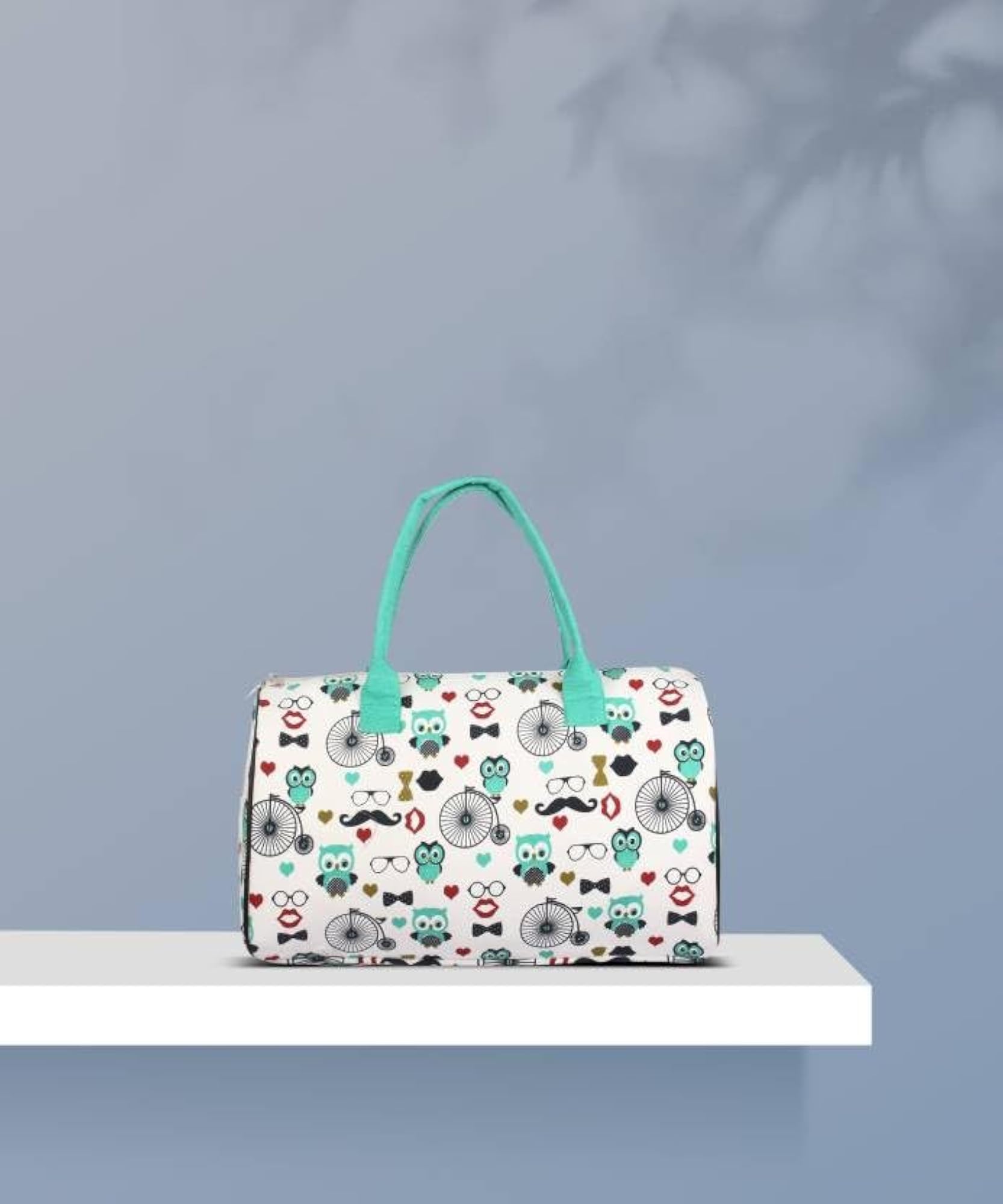 Duffle Bag with Owl and Bicycle Print, Travel Handbag