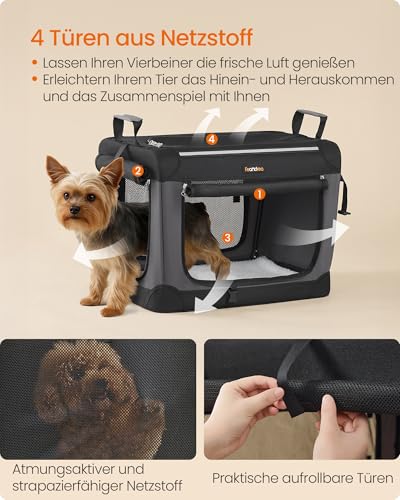 Feandrea Hundebox faltbar, 50 cm Transportbox für kleine Hunde, Hundetasche, Oxford-Gewebe, mit 4 Türen aus Netzstoff, Griffen, Taschen für Futter und Wasserflasche, tintenschwarz PDC015BH02