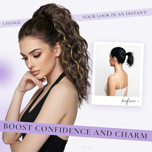Image of Ponytail Extension, 18 to 20 inch Long Curly Wavy Claw Clip in Ponytail Hair Extensions, Jaw Clip on Pony Tails Fluffy Hairpiece for Women Daily Party Use, Brown Color with Highlights (Highlights)