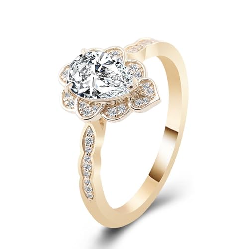 Image of Rustic Wedding Band, Wedding Rings Women Flower with 3ct Pear Shaped Moissanite 9K Yellow Gold Size Q 1/2