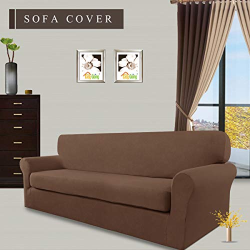 Image of Easy-Going 2 Pieces Stretch Couch Sofa Slipcover Washable | Spandex Soft Fitted Sofa Couch Cover for Sofa Furniture Protector with Bottom Kids,Pet Dog Brown