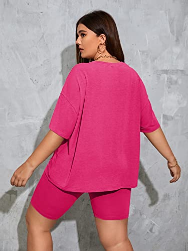 Wdirara Women's Plus Size 2 Piece Outfits Half Sleeve Oversized Tee With Biker Shorts Set Tracksuit Hot Pink 1Xl #TOP1
