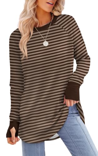Image of XIEERDUO Womens Tunic Tops to Wear with Leggings Long Sleeve Thumb Hole Shirts Crew Neck Curved Hem