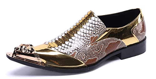 Santimon Mens Genuine Leather Dress Loafers Metallic Cap Slip On Tuxedo Formal Composite Snake Print Luxury Wedding Fashion Shoes2