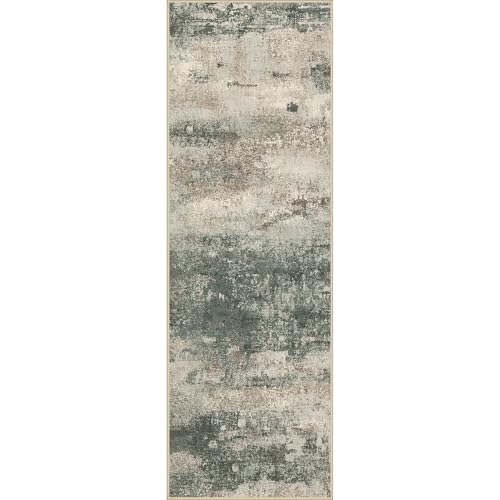 Image of BEIMO Runner Rug for Hallway Kitchen, 2'x6' Machine Washable Runners Rug for Entryway, Soft Modern Abstract Throw Rugs, Low Pile Floor Cover with Non Slip Backing, Grey /Dark Green
