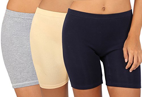 Image of Bralux Cycling Shorts for Women, Girls with Cotton Spandex Set of 3 - Multi Colour Rib Shorts