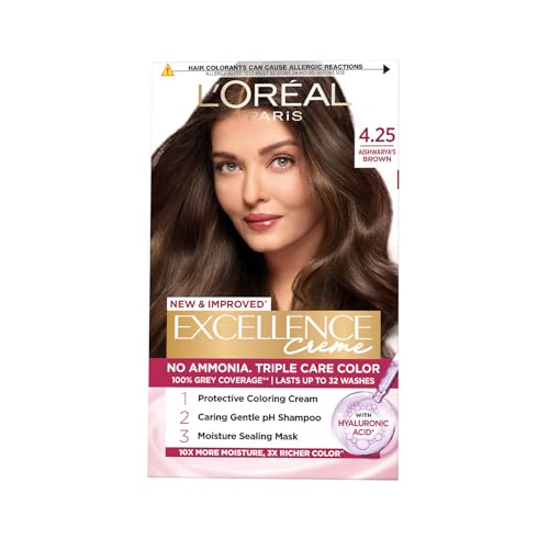 L'Oreal Paris Permanent Hair Colour, Radiant At-Home Hair Colour with up to 100% Grey Coverage, Pro-Keratin, Up to 8 Weeks of Colour, Excellence Crème, 4.25 Aishwarya'S Brown, 72ml+100g L'Oreal Paris Permanent Hair Colour, Radiant At-Home Hair Colour with up to 100% Grey Coverage, Pro-Keratin, Up to 8 Weeks of Colour, Excellence Crème, 4.25 Aishwarya'S Brown, 72ml+100g