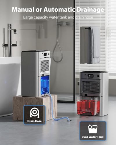 Image of UBBO 95oz Dehumidifiers for Home, 1000 Sq.Ft Dehumidifier with Drain Hose - Auto Shut Off, Timer, Sleep Mode & Drain Hose - 7 Color Light for Bedroom, Bathroom, RV - Grey