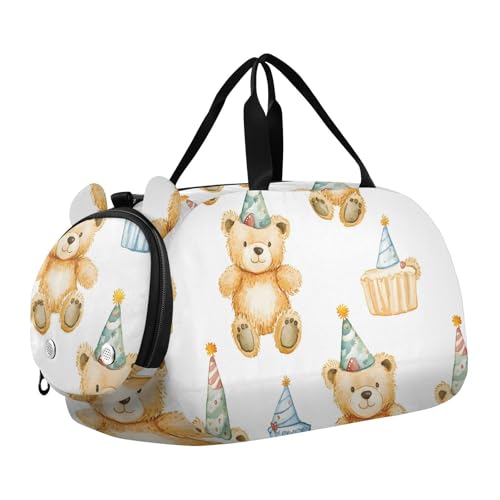 Duffle Bag for Boys or Girls with Shoes Compartment, Birthday Hat Bear Sports Travel Bag Overnight