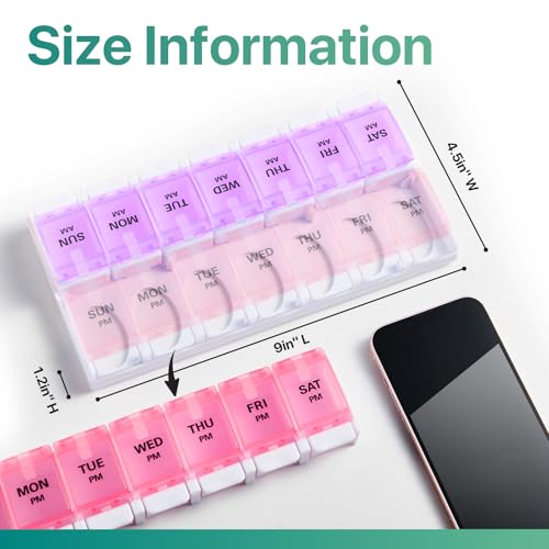Image of Sukuos AM PM Weekly Pill Organizer 7 Day, 2 Times A Day Medicine Pill Box with Easy Push Button, BPA Free Vitamin Cases for Fish Oil /Supplements, Easy to Clean (Purple&Pink)