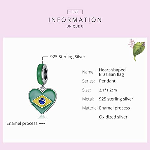 Heart Shaped Brazilian Flag Charm 925 Sterling Silver Charm Fits For Pandora Bracelet, European Charms Bracelet, Women Gift3