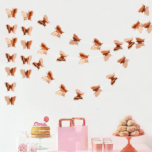 Image of BEISHIDA 5 Pieces Rose Gold 3D Butterfly Paper Garland Hanging Decorative Banner for Home Ceiling Decor Birthday Party Baby Shower Wedding Theme Showcase Decoration Supplies Total 393 Inch Length