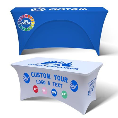 Personalized Table Cloth with Logo Image Customized Tablecloth 4FT/5FT/6FT/8FT Spandex Customized Table Cover Promotional Business Tradeshow Events Birthday Party Wedding (6FT Spandex(Open back))