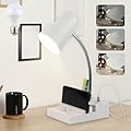 LALISU Study Desk Lamp with USB Charging and Type-C Night Light, Gooseneck LED Table Lamp Stepless Dimming Study Table Lamp with Pen Holder for College Dorm Bedroom and Office (White)